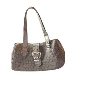 Guess Vintage Monogram Logo Shoulder Bag Taupe Silver Buckle Y2K Satchel